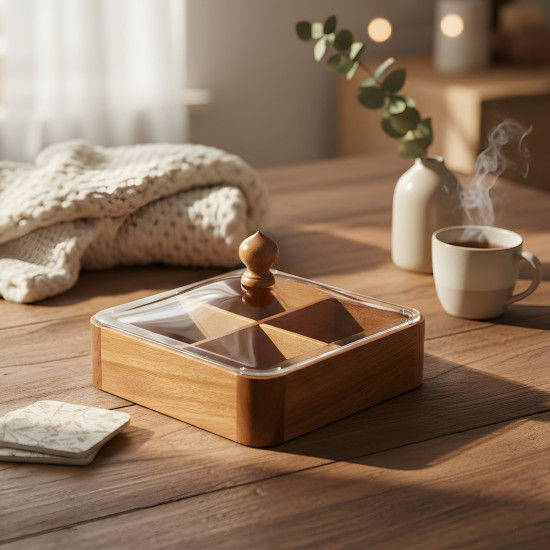 Wooden Four-Section Serving Platter with Acrylic Lid Small